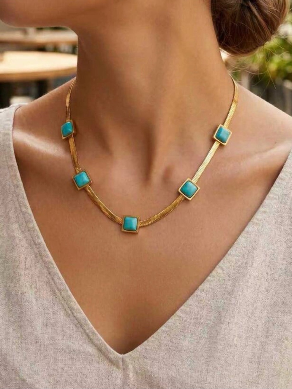 Gold Chain Necklace with Turquoise Stones Stainless Steel